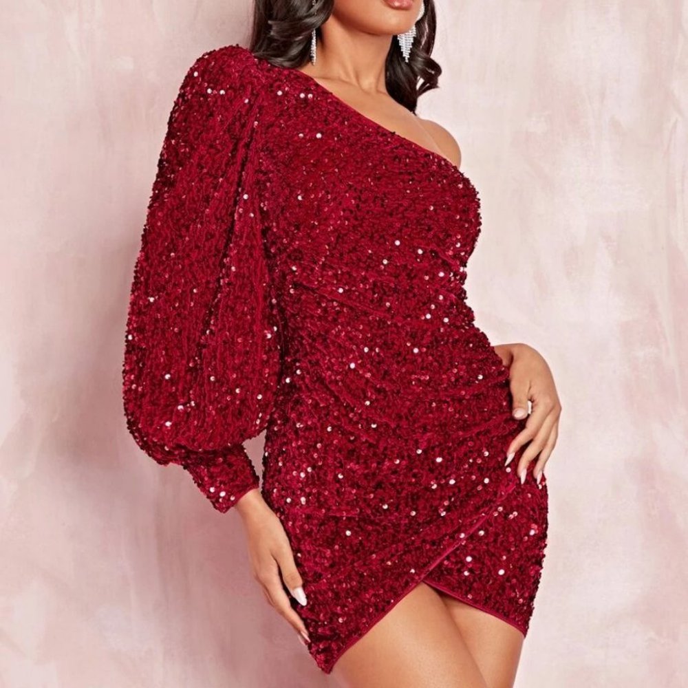 burgundy Sequin One Shoulder Lantern Sleeve Bodycon mini Dress - Picture 5 of 6